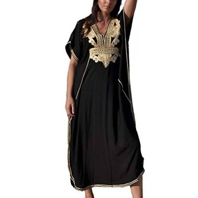 Bild av YouKD sommar kaftan maxi bohemisk klänning strand täckande rob Stor kimono en storlek, Svart gyllene, One Size