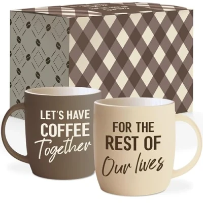 Bild av Triple Gifffted Let&#039;s Have Coffee Together kaffemuggsset, förlovningsgåvor för par, brud och brudgum nygifta möhippa, hans henne, herr fru, jul, alla hjärtans dag, keramik 375 ml