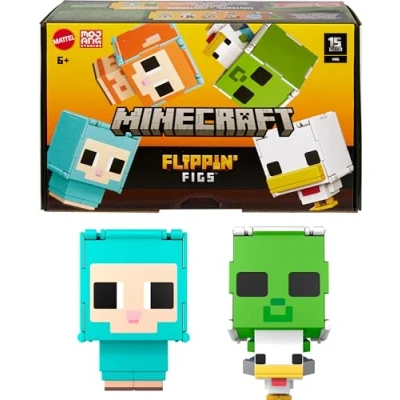 Bild av Mattel Minecraft Flippin’ Figs Får och kycklingfigurer i 2 pack med 1 fingerlek, stora huvuden pixlad design HXK17