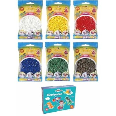 Bild av Hama Happy Price Toys Midi strykpärlor (Kon 2)i paket med 6 enfärgade färger, vit, gul, röd, grön, blå, brun + strykinstruktioner 3 designmallar