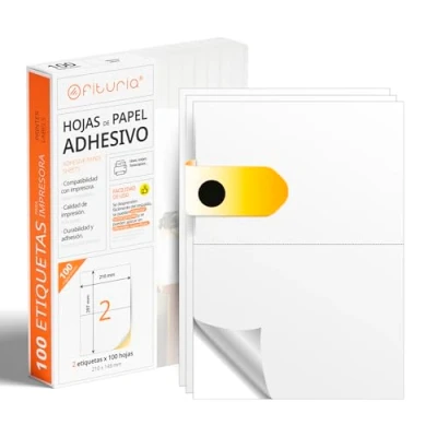 Bild av OFITURIA Vit självhäftande etikett (A4) Klistermärke för utskrift Pack 100 Folios med permanent papper och enkel start (100 ark, A5)