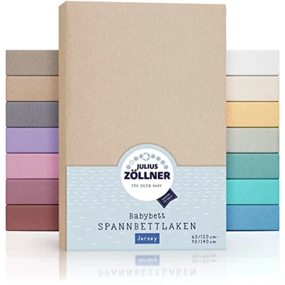 Bild av Julius Zöllner Jersey spännlakan för bebis och barnsäng, 100% jerseybomull, OEKO TEX standard 100 certifierad, storlek: 60 x 120 cm/70 140 cm, 1 pack, sand