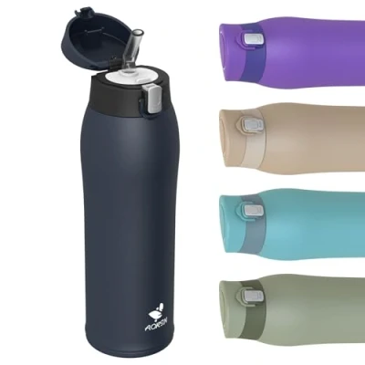 Bild av AORIN vattenflaska 750 ml 18/8 rostfritt stål läckagesäker drickflaska med sugrör BPA fri skola, sport, vatten, cykel