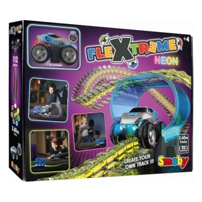 Bild av Smoby 7600180917 Flextreme Neon Bilbana med Färgglada Ljuseffekter, Batteridriven Ljustunnel, Uppplyst Racerbil och 112 Flexibla Spår, Från 4 år