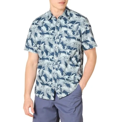 Bild av Amazon Essentials Men&#039;s Kortärmad tryckt skjorta smal passform, Havsblå Marinblå Palmblad, XL