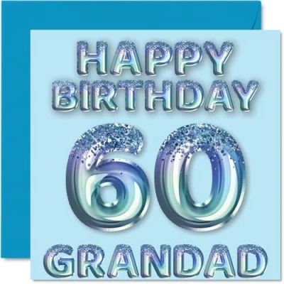 Bild av 60:e födelsedagskort för farfar blå glitter festballonger grattis på 60 år gammal från barnbarn, 145 mm x födelsedag gratulationskort present