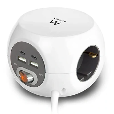 Bild av Ewent uttagskub med USB, Powercube 2 USB C och A kontakt (3,4 A) strömbrytare, 3 vägs uttag, inkl. självhäftande dyna för kök, kontor, vardagsrum, kabellängd 1,5 m, färg vit EW3957,