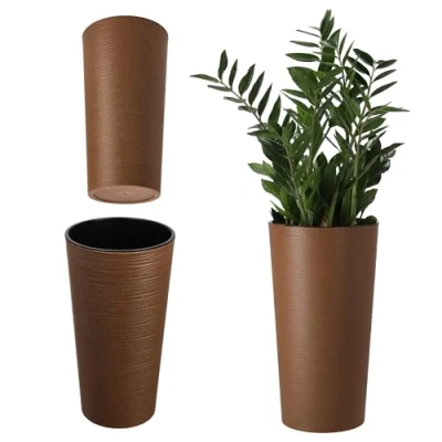 Bild av KADAX Blomkruka med träspån, elegant ytterkruka avtagbar insats, blomkrukeskydd för kontor, blomkruka, trädgårdsskål (brun, ⌀ 19 cm)