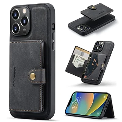 Bild av HERCN PU Leather Case for iPhone 14 Pro Max 6.7&quot;; Removable Card Holder Kickstand Functional Cell Phone Cover with Unique Magnetic Small Wallet (Black)