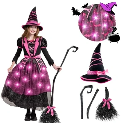 Bild av Spooktacular Creations rosa upplyst häxdräkt med hatt och kvast för flickor, småbarn Halloween dräkter (M (810 år))