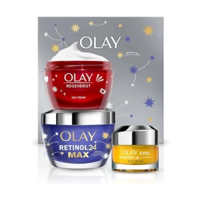 Bild av Olay Presentset med Regenerist Day Cream, Retinol24 Max nattkräm och C vitamin + Niacinamid 24 ögonkräm för slät lysande hud, presentförpackning