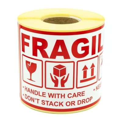 Bild av MD Labels varningsetiketter på rulle 90 x 150 mm 300 stycken fragle handtag med care håll torr inte stack eller droppa detta sätt upp självhäftande papper försandsetiketter