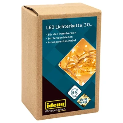 Bild av Idena 8582074 LED ljusslinga med 30 lysdioder i varmvitt, 6 timmars timerfunktion, batteridriven, ca 2,6 m lång, dekoration för inomhus, pyssel, som festdekoration, juldekoration, bröllop