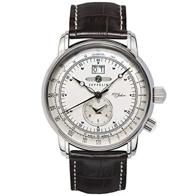 Bild av Zeppelin mäns analog kvartsur med läderrem 76401, Vit/brun, standard size, armband