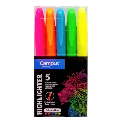 Bild av Campus Fluorescerande överstrykningspenna, markörpenna med avfasad spets, 5 pack neonfärgade, vattenbaserade markörer (5 neonfärgade)