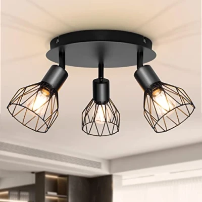 Bild av Dehobo spotljusarmaturer för tak Justerbar metalltrådbur Kök Spotlight taklampor med E14 sockel Svart 3 vägs ljus industri inomhus hem Sovrum Hall Vardagsrum Butik
