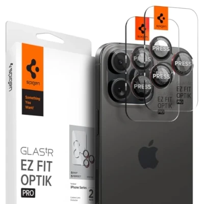 Bild av Spigen Glas.tR EZ Fit Optik Pro Kamera Skärmskydd kompatibel med iPhone 16 Pro/16 Max/15 Pro/15 Max/14 Pro/14 Max, 2 Stycken, L Series Edition, Inget fel på blixtfunktionen, 9H härdat