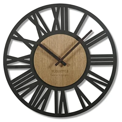Bild av Flexibel väggklocka stor vuxen 50 cm diameter loft retro av trä ek utan tickande ljud vardagsrum (svart/ek)