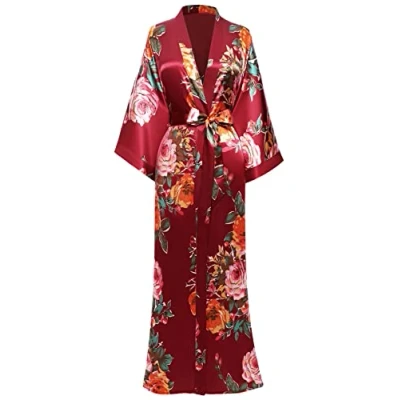 Bild av BABEYOND Dammorgonrock maxi lång satin sommar kimono blommor mönster tryckt badrock kofta damer rock sovrock flicka pyjamas party, Vinröd blomma, one size