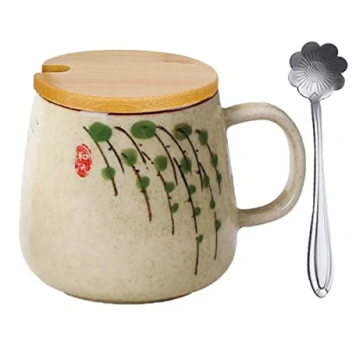 Bild av TuYines kaffekopp med lock, mugg keramisk mjölkkopp cappuccino kopp stengods 400 ml, japansk handmålad vattenkopp glasyr stor kapacitet frukostkopp