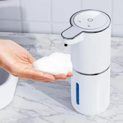 Bild av Amyzavls Automatisk tvåldispenser, väggmontering, kontaktlös, 380 ml, elektrisk tvåldispenser med sensor, USB uppladdningsbar skumtvåldispenser för badrum, kök, kontor