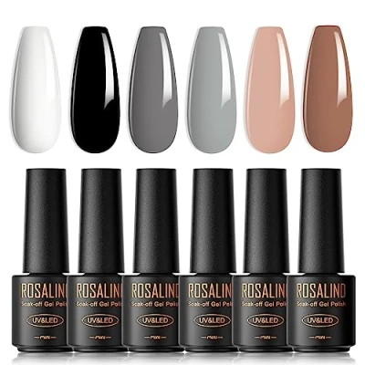 Bild av ROSALIND UV nagellack, 6 färger Mini Gel nagellackset Vit Svart Naken Brun Shellac Soak Off nagellack Fransk manikyr för kvinnor Mamma Present Set DIY hemma