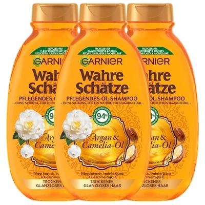 Bild av Garnier True Treasures närande oljeschampo argan &amp; Camelia olja, ger näring intensivt, lätt glans och jämnhet, 3 x 250 ml