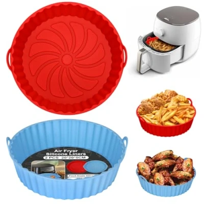 Bild av Alyvisun Silikonform för Luftfritös, 2 Stycken Silikongrytor Airfryer Återanvändbara Silikonfoder Luftfritöskorg Rund Silikonbakform Air Fryer, Mikrovågsugn och Ugn (Röd + Himelsblå)