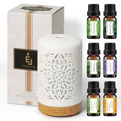 Bild av Earnest Living Essential Oil Diffuser Presentset Vit Keramisk 100 ml &amp; Set Timers Nattljus Auto Off Funktion Hemmakontor Luftfuktare Aromaterapi Diffusorer för eteriska oljor