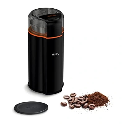 Bild av Krups GX3328 Silent Vortex elektrisk kaffe och kryddkvarn 3 i 1 kvarn för kaffebönor, kryddor, örter supertyst diskmaskinssäker avtagbar slipskål lock svart