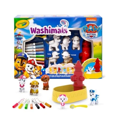 Bild av Crayola Washimals Paw Patrol, leksaksset med 5 valpar, 8 tvättbara tuschpennor, kar brandpost, pensel, spel och present för barn, från 3 år, 74 0291