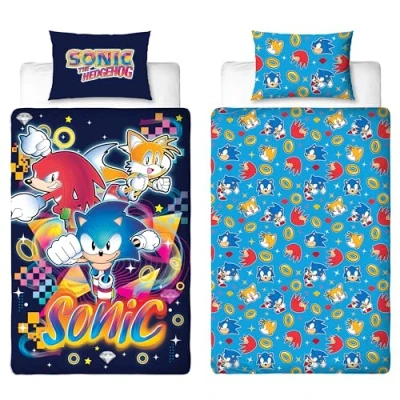 Bild av Officiellt licensierad Sonic the Hedgehog design enkelt påslakan för spel vändbara 2 sidor sängkläder med svansar och knogar inklusive matchande örngott perfekt barnens sovrum