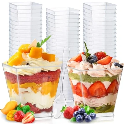Bild av Frasheng 60 st efterrättsglas med skedar, 2 oz/60 ml, dessertkoppar, dessertskålar, efterrättsskålar klara återanvändbara, fyrkantiga dessertkopp för mousse, pudding, glass, födelsedag