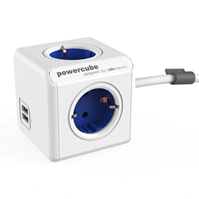 Bild av allocacoc PowerCube DuoUSB Extended blå EU, 4 vägs grenuttag med 2,1 A USB laddningsström, vit