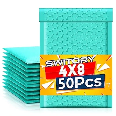 Bild av Switory 50 st 10,2 x 17,7 cm (4 7 tum) bubbelkuvert i polyester, vadderade kuvert, storpack, #000, bubbelfodrade plastpåsar för frakt, förpackning, post, självförseglande (blågrön)