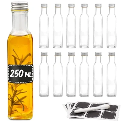 Bild av 12 Glasflaskor 250 ml Fyrkantig Skruvkork Tomma flaskor för fyllning etiketter med penna olja, vinäger, juice och lemonad