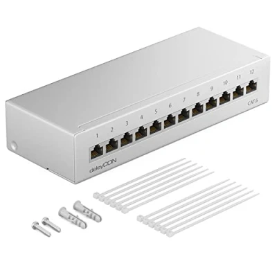 Bild av deleyCON CAT 6 Patchpanel 12 Portar 1U Bords och Väggmontering Skärmad 12x RJ45 Uttag LAN Nätverksinstallationskabel TIA568A TIA568B RAL 7035 Ljusgrå