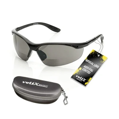 Bild av voltX &quot;CONSTRRUCTOR&quot; BIFOCAL lässäkerhetsglasögon (rök/grå +1,5 dioptre) UKCA &amp; CE EN166F certifierade/cykelsportglasögon inkluderar säkerhetssladd + styvt säkerhetsfodral UV400 anti dimbelagd lins