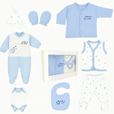 Bild av Blue Eyes nyfödd baby presentset 100 % naturlig bomull första utrustning pojkar kläder babyutrustning för spädbarn 04 månader 8 delar (stjärna blå)