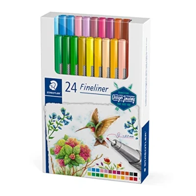 Bild av STAEDTLER fineliner Triplus Design Journey, ergonomisk trekantskaft, superfin, metallinfattad 0,3 mm spets, lång livslängd, 24 i blandade färger kartongfodral, 334 C24 C