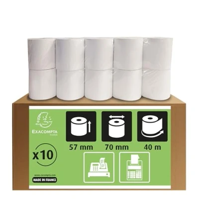 Bild av Exacompta Ref 5770120V Förpackning med 10 rullar för kalkylmaskiner och lådor bredd 57 mm x diameter 70 kärna 12 1 lager extra vit offset 60 g/m² Längd (+ eller 2 m) : 40 m