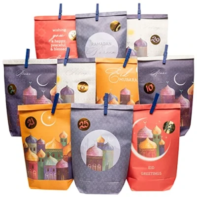 Bild av Papierdrachen DIY Ramadankalender att fylla för barn och vuxna Tryckta kraftpapperspåsar i färgglada färger sätta upp dekorera Eid Mubarak Återanvändbar Set 7