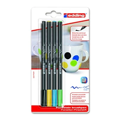 Bild av edding 4 200 porslinsborstpenna svart, gul, blå, grön pennor penselspets 14 mm filtpenna för målning och dekoration av keramik, porslin diskmaskinssäker, ljusfast bläck, snabbtorkande