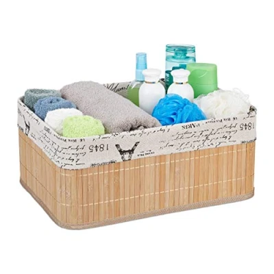 Bild av Relaxdays Förvaringskorg, tygöverdrag med retrotryck, bambu, rektangulär, badrumshyllkorg HBT 16,5 x 38 28,5 cm, natur