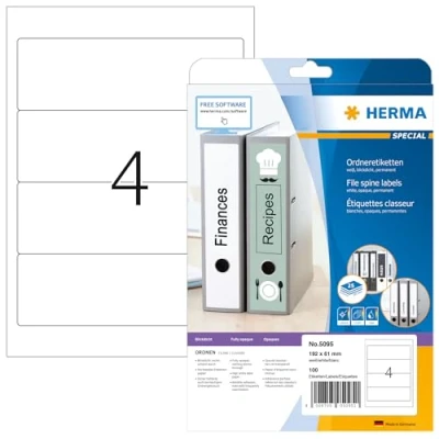 Bild av HERMA 5095 mappetiketter A4 ogenomskinlig, kort/bred (192 x 61 mm, 25 ark, papper, matt) självhäftande, utskrivbara, permanenta mappa ryggetiketter, 100 filetiketter, vit