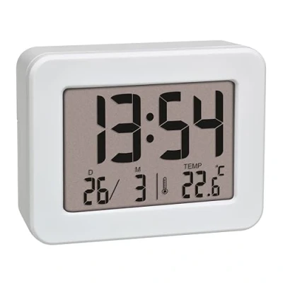 Bild av TFA Dostmann Mini väckarklocka med temperatur, 60.2044.02, bordsklocka, batteridriven, inklusive datum och larm, reseväckarklocka, liten, vit