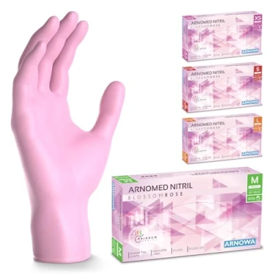 Bild av ARNOMED engångshandskar rosa, nitrilhandskar M, med 100 st/box, puderfria, latexfria gummihandskar, finns i XS, S, M &amp; L