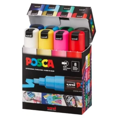 Bild av uni ball Posca PC8K8C färgmarkörpenna set, stor spets, 8 stycken blandade färger
