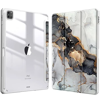 Bild av FINTIE Hybrid Slim fodral för iPad Pro 12,9 tum 5:e generationen 2021 [Inbyggd pennhållare] stöttåligt med klart transparent skal på baksidan, passar också 4:e/3:e generationen, Molnig marmor