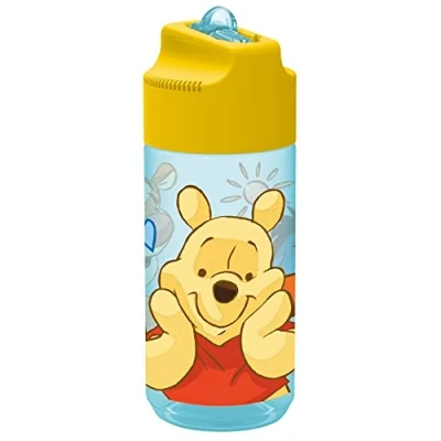 Bild av P:os 27291 drickflaska för barn, ca 450 ml, transparent design med Nalle Puh motiv och integrerat sugrör att fälla upp, tillverkad av plast, bpa ftalatfri